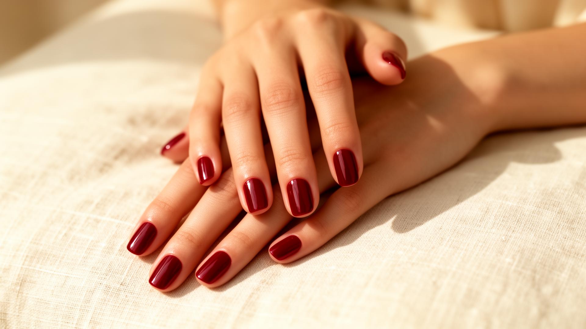 Glossy red manicured hands resting on cream linen